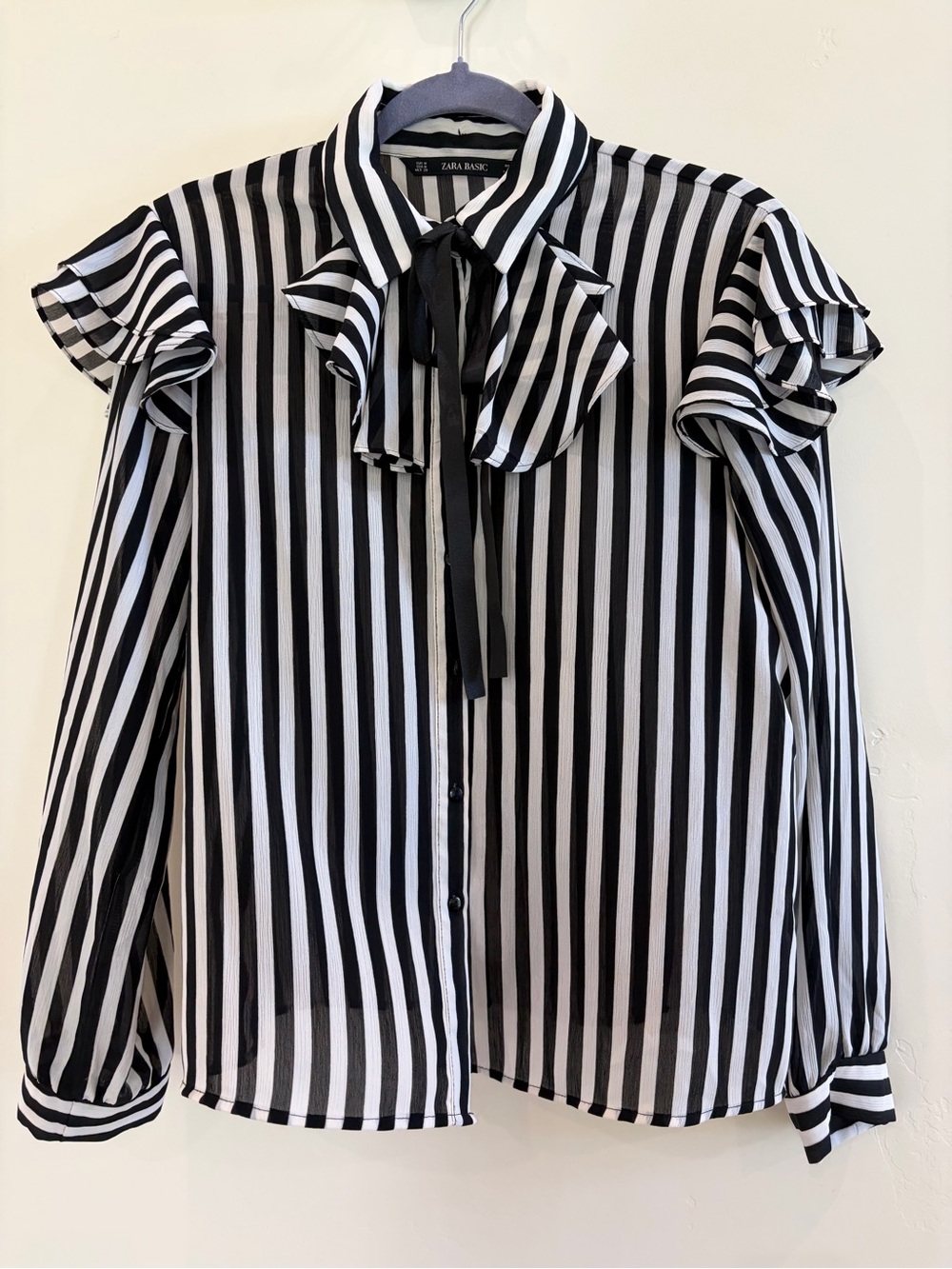 Zara Black & White Vertical Stripe Ruffle Tie-Neck Shirt